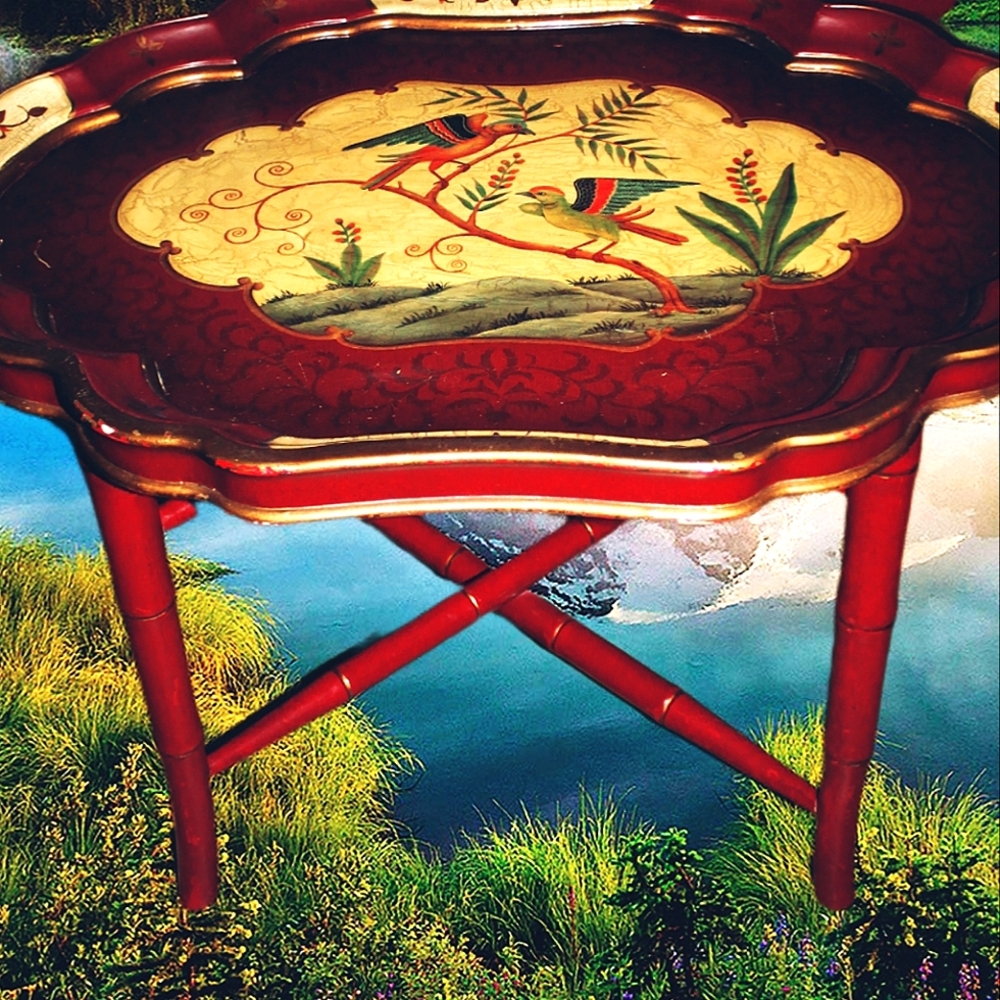 19th Century Scalloped Paper Mache Hand Painted Tray Bamboo Tea Table